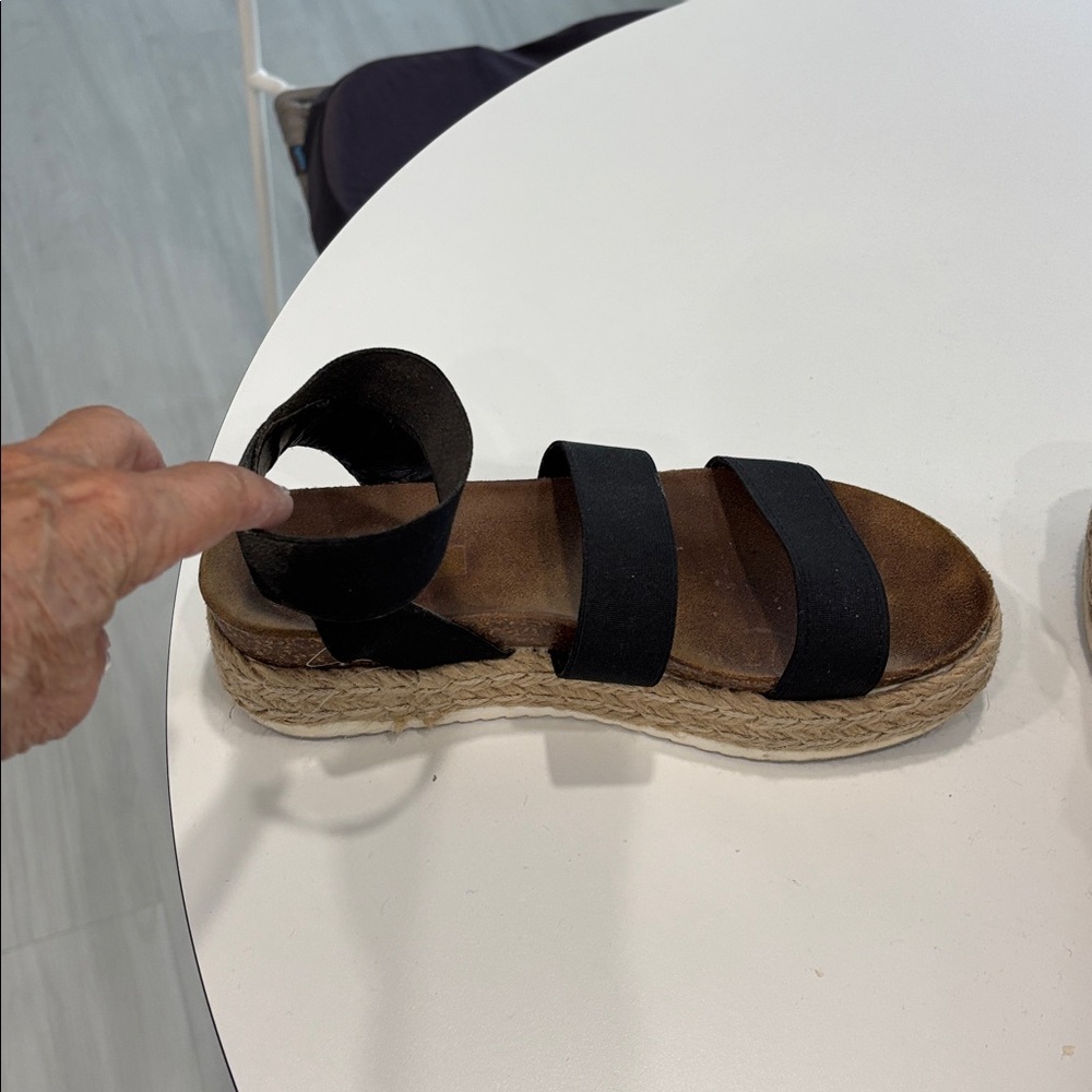 Black Grosgrain Ribbon Ankle Strap Cork Platform Wedge Sandals 8.5